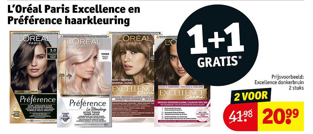 L’Oréal Paris Excellence en Préférence haarkleuring 1+1 gratis
