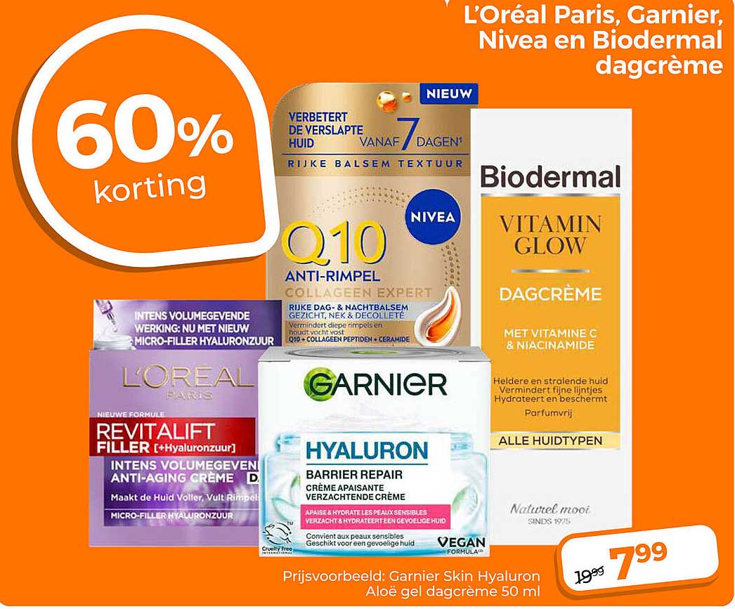 L’Oréal Paris, Garnier, Nivea en Biodermal dagcrème 60% korting
