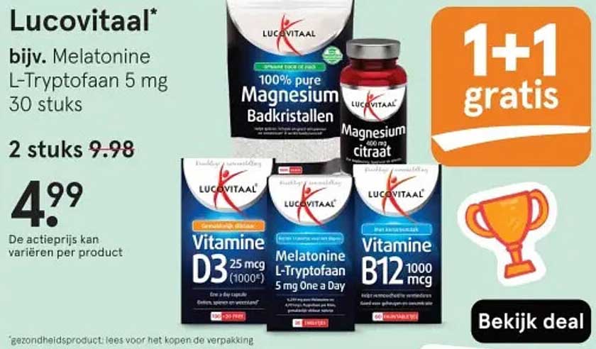 Lucovitaal* bijv. Melatonine L-Tryptofaan 5 mg 30 stuks 1+1 gratis