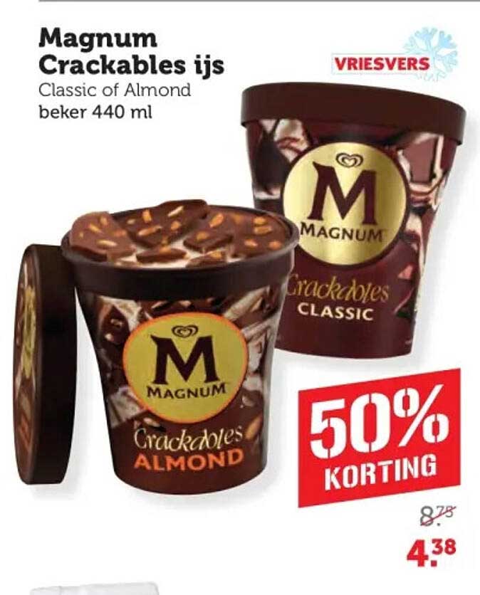 Magnum Crackables ijs Classic of Almond beker 440 ml 50% KORTING