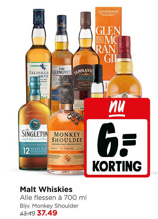 Malt Whiskies Alle flessen à 700 ml Bijv. Monkey Shoulder NU 6.- KORTING