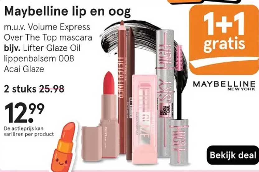 Maybelline lip en oog 1+1 gratis