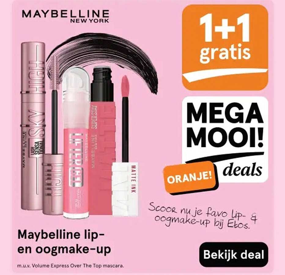 Maybelline lip- en oogmake-up 1+1 gratis