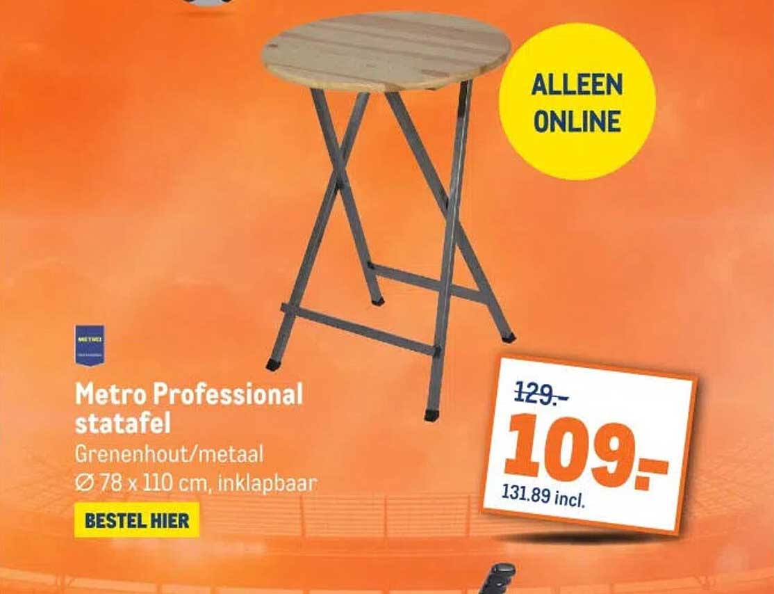 Metro Professional statafel Groenhout/metaal Ø 78 x 110 cm, inklapbaar BESTEL HIER