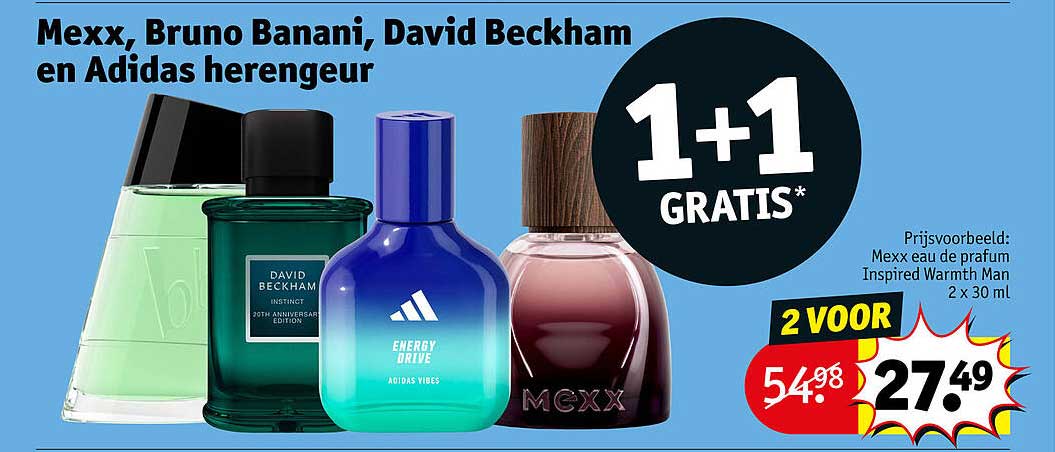 Mexx, Bruno Banani, David Beckham en Adidas herengeur 1+1 GRATIS*