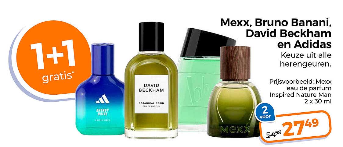 Mexx, Bruno Banani, David Beckham en Adidas Keuze uit alle herengeuren 1+1 gratis*