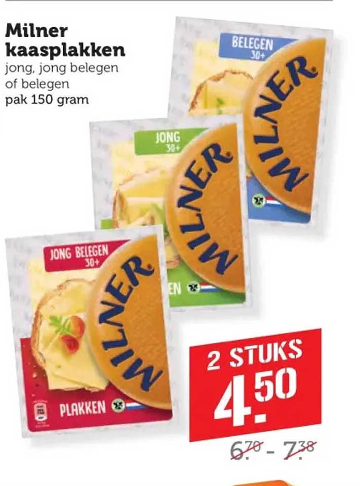 Milner kaasplakken jong, jong belegen of belegen pak 150 gram 2 STUKS 4.50