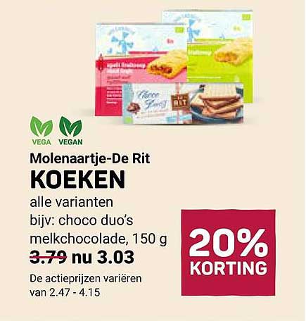 Molenaartje-De Rit KOEKEN alle varianten bijv: choco duo's melkchocolade, 150 g 20% KORTING