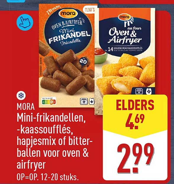 MORA Mini-frikandellen, -kaassoufflés, hapjesmix of bitterballen voor oven & airfryer OP=OP. 12-20 stuks.