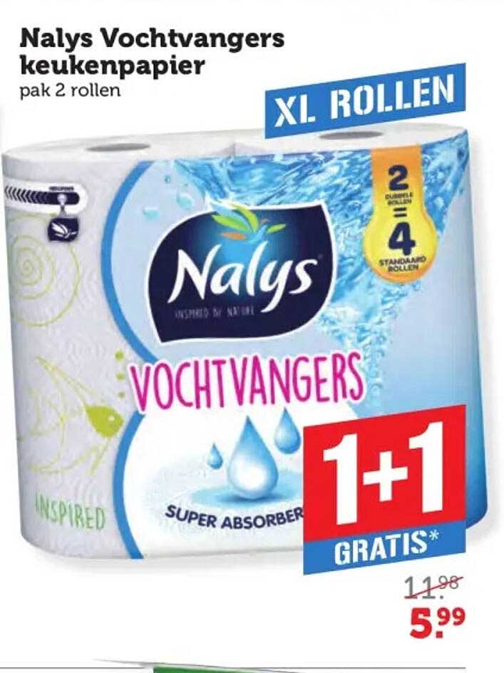 Nalys Vochtvangers keukenpapier pak 2 rollen 1+1 gratis