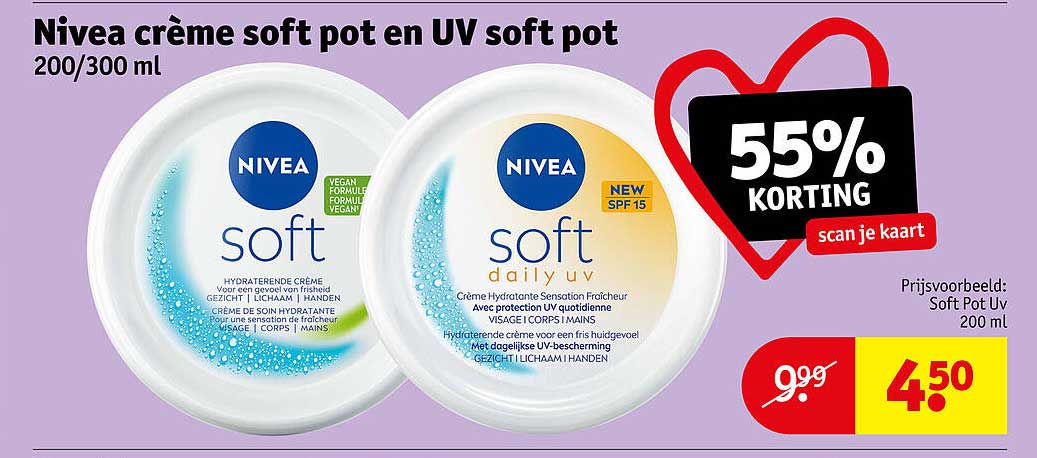 Nivea crème soft pot en UV soft pot 200/300 ml 55% KORTING scan je kaart