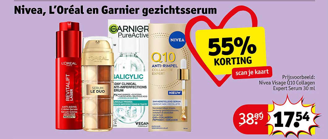 Nivea, L'Oréal en Garnier gezichtsserum 55% KORTING scan je kaart