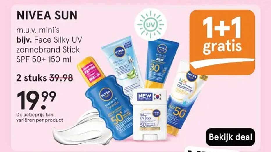 NIVEA SUN m.u.v. mini’s bijv. Face Silky UV zonnebrand Stick SPF 50+ 150 ml 1+1 gratis