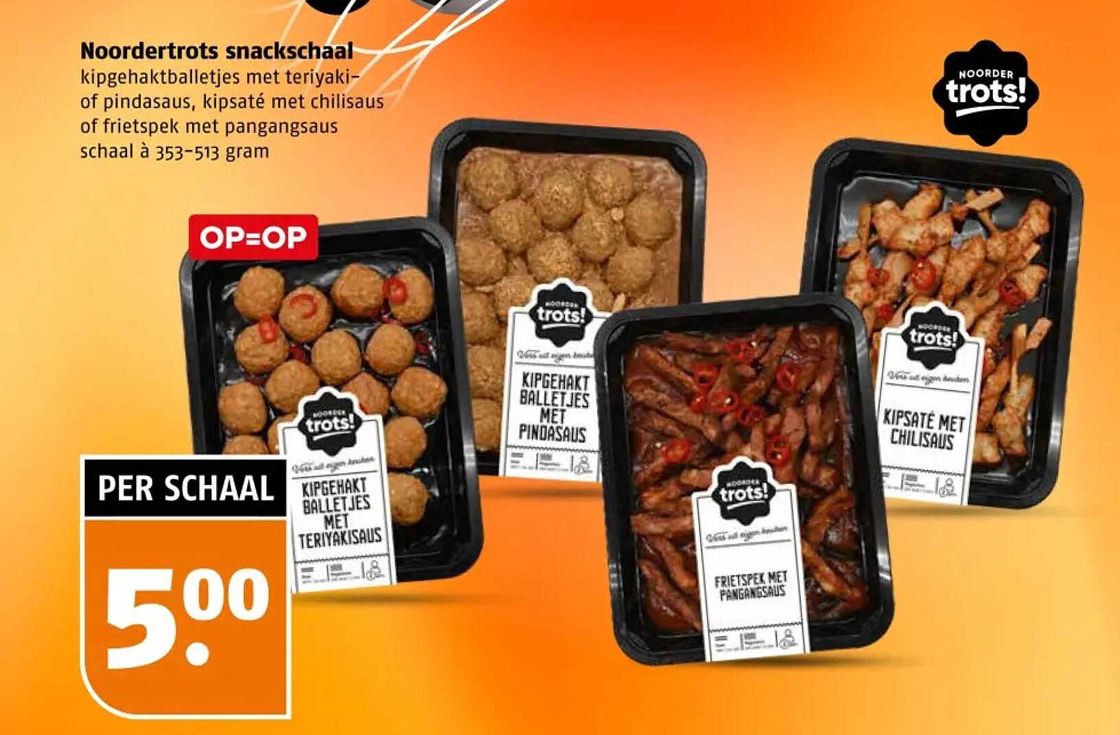 Noordertrots snackschaal kipgehaktballetjes met teriyakisaus of pindasaus, kipsaté met chilisaus of frietspek met pangangsaus schaal à 353–513 gram OP=OP