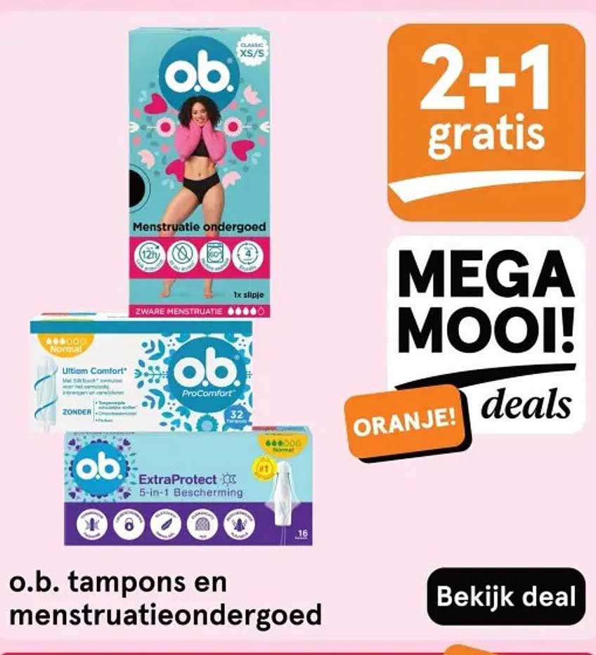 o.b. tampons en menstruatieondergoed 2+1 gratis