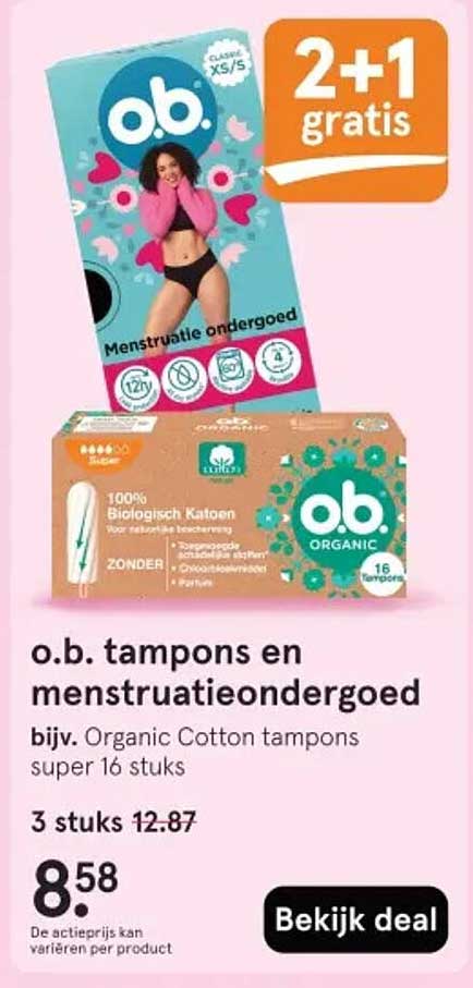 o.b. tampons en menstruatieondergoed 2+1 gratis
