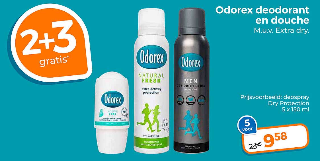 Odorex deodorant en douche M.u.v. Extra dry. 2+3 gratis
