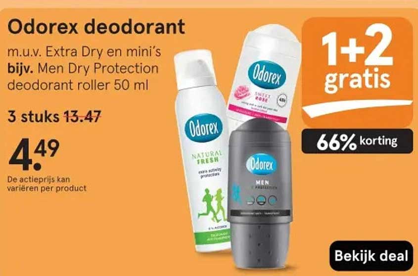 Odorex deodorant m.u.v. Extra Dry en mini's bijv. Men Dry Protection deodorant roller 50 ml 1+2 gratis