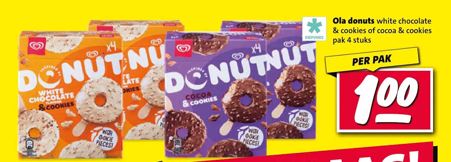 Ola donuts white chocolate & cookies of cocoa & cookies pak 4 stuks