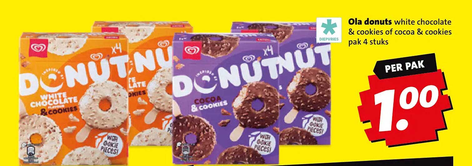 Ola donuts white chocolate & cookies of cocoa & cookies pak 4 stuks