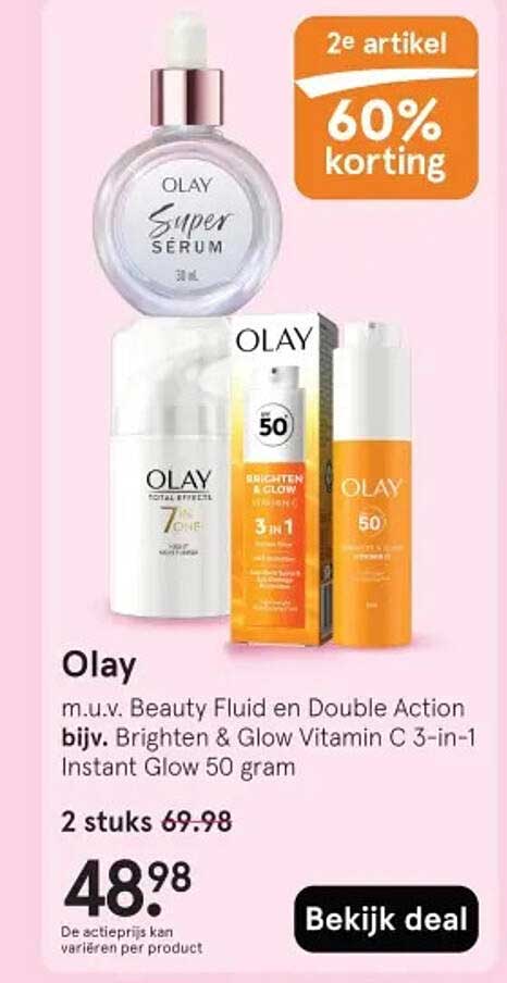 Olay m.u.v. Beauty Fluid en Double Action bijv. Brighten & Glow Vitamin C 3-in-1 Instant Glow 50 gram 2e artikel 60% korting