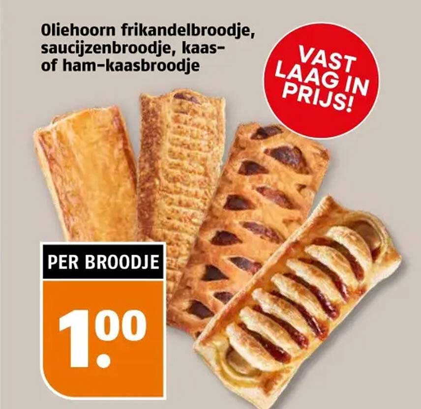 Oliehoorn frikandelbroodje, saucijzenbroodje, kaas- of ham-kaasbroodje