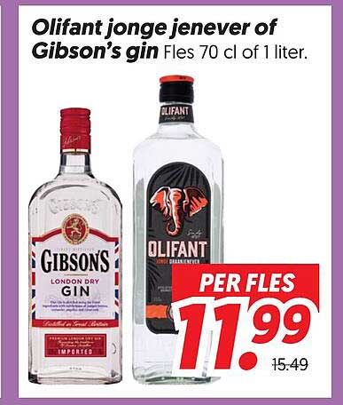Olifant jonge jenever of Gibson’s gin Fles 70 cl of 1 liter. PER FLES