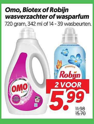 Omo, Biotex of Robijn wasverzachter of wasparfum 720 gram, 342 ml of 14 - 39 wasbeurten. 2 VOOR