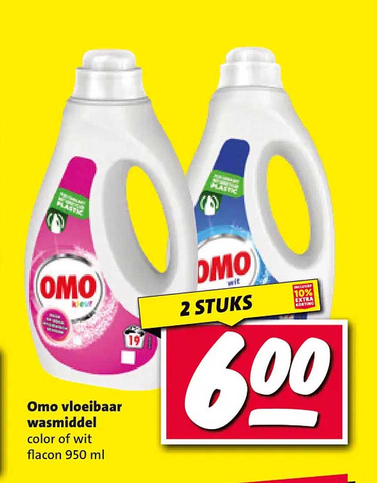 Omo vloeibaar wasmiddel color of wit flacon 950 ml 2 STUKS