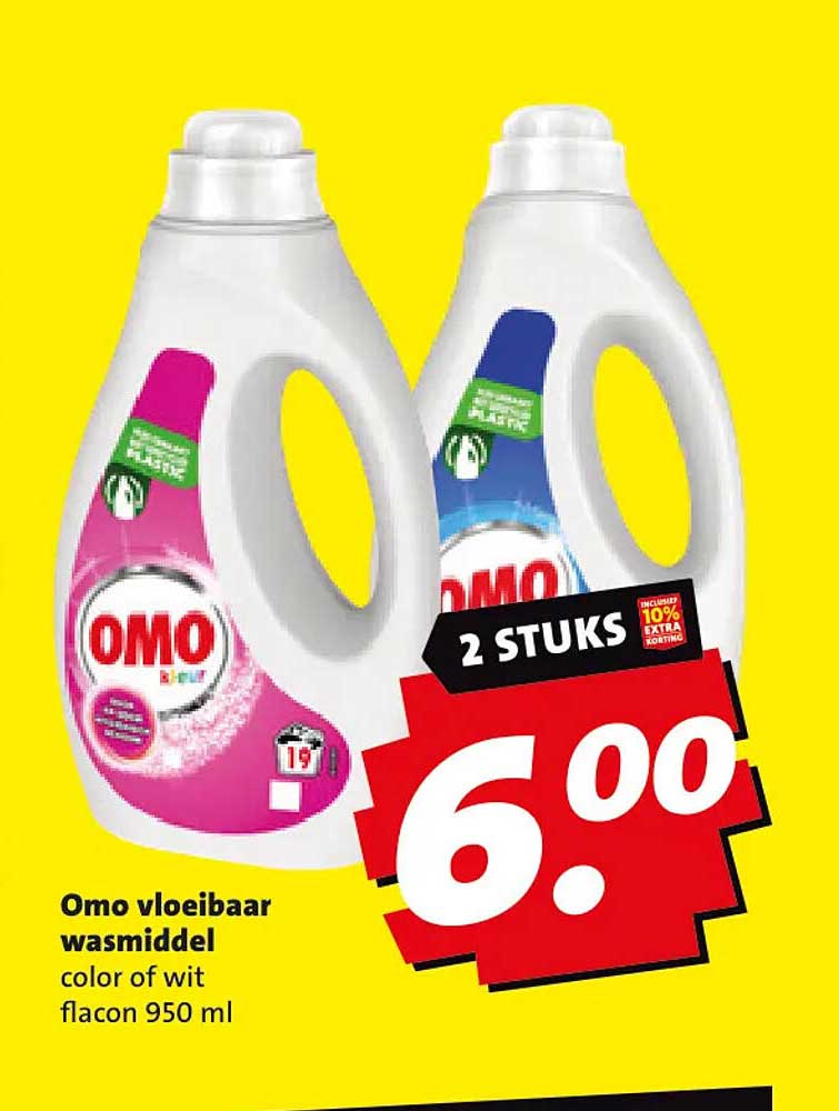Omo vloeibaar wasmiddel color of wit flacon 950 ml 2 STUKS