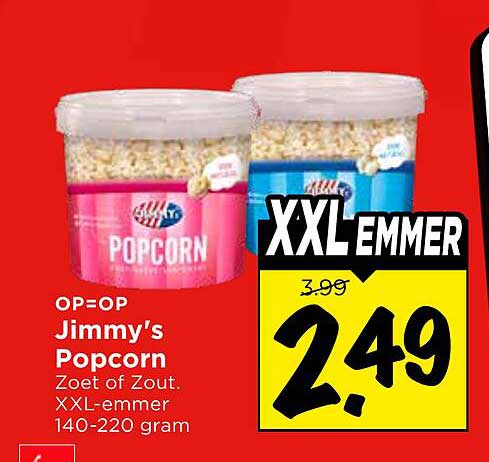 OP=OP Jimmy's Popcorn Zoet of Zout. XXL-emmer 140-220 gram XXL EMMER