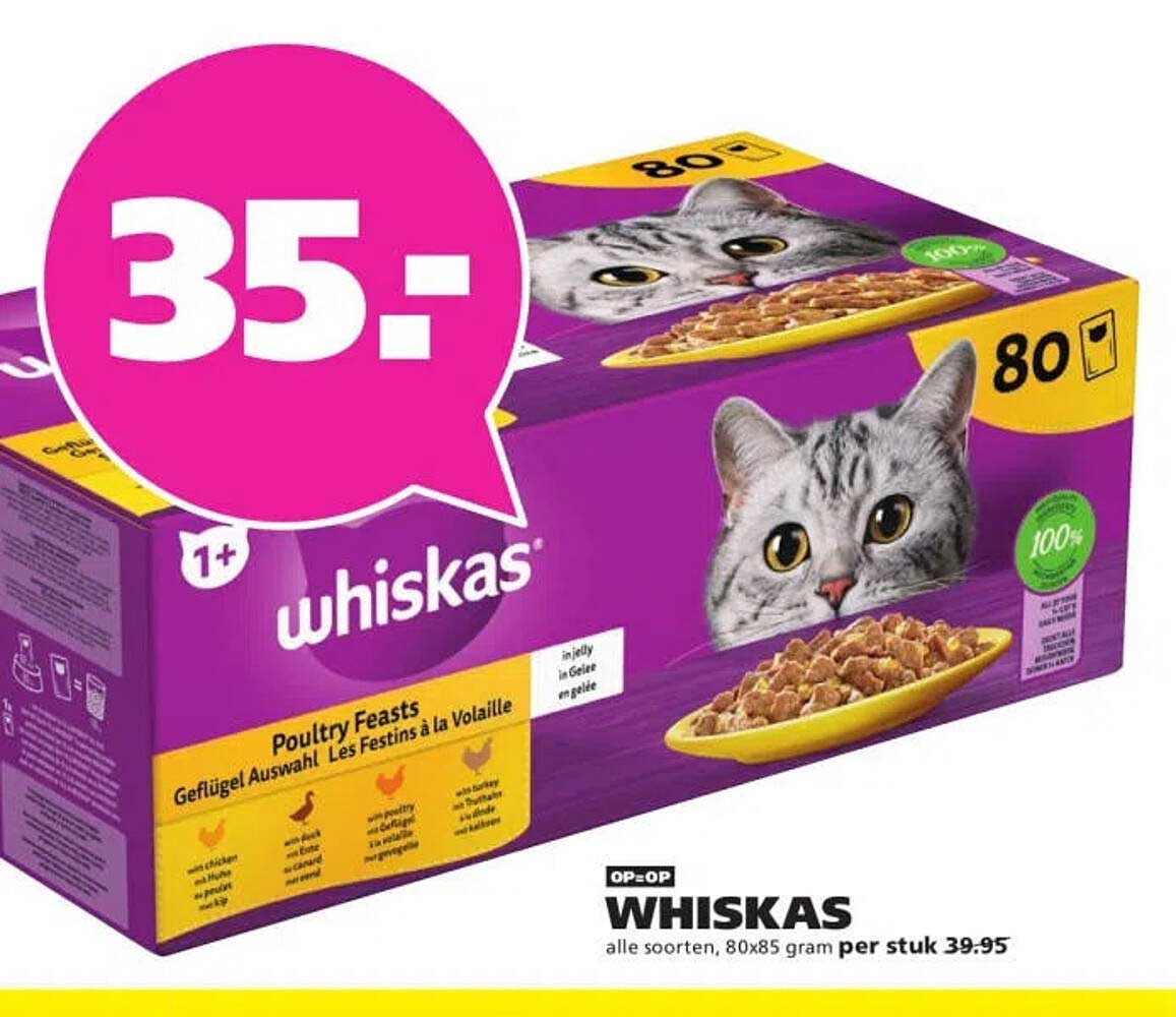 OP=OP WHISKAS alle soorten, 80x85 gram per stuk