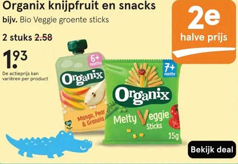 Organix knijpfruit en snacks bijv. Bio Veggie groente sticks 2e halve prijs