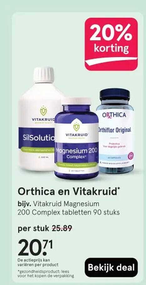 Orthica en Vitakruid* bijv. Vitakruid Magnesium 200 Complex tabletten 90 stuks 20% korting