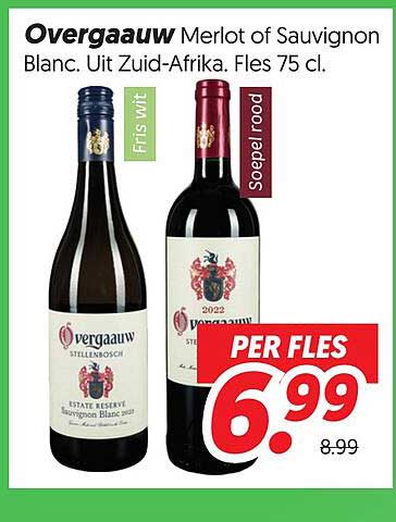 Overgauw Merlot of Sauvignon Blanc. Uit Zuid-Afrika. Fles 75 cl.