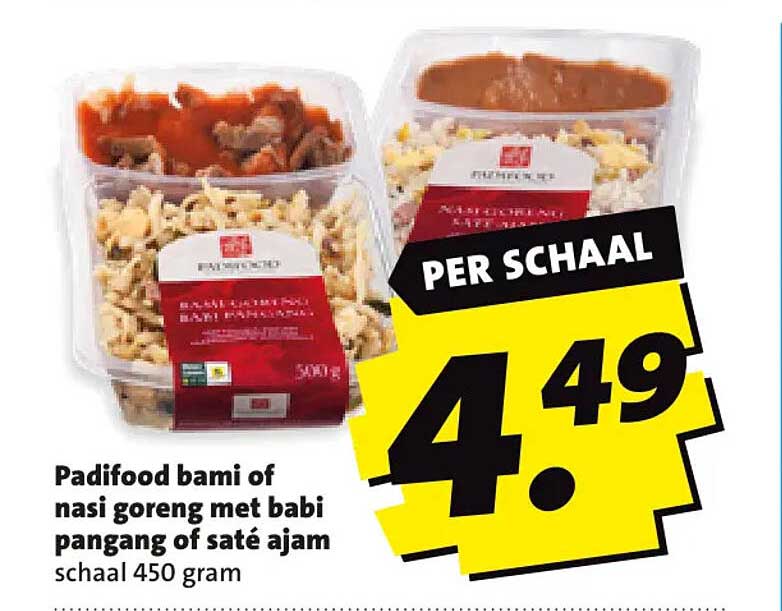 Padifood bami of nasi goreng met babi pangang of saté ajam schaal 450 gram