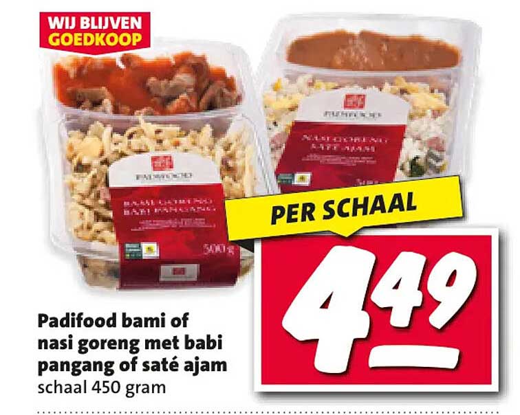 Padifood bami of nasi goreng met babi pangang of saté ajam schaal 450 gram