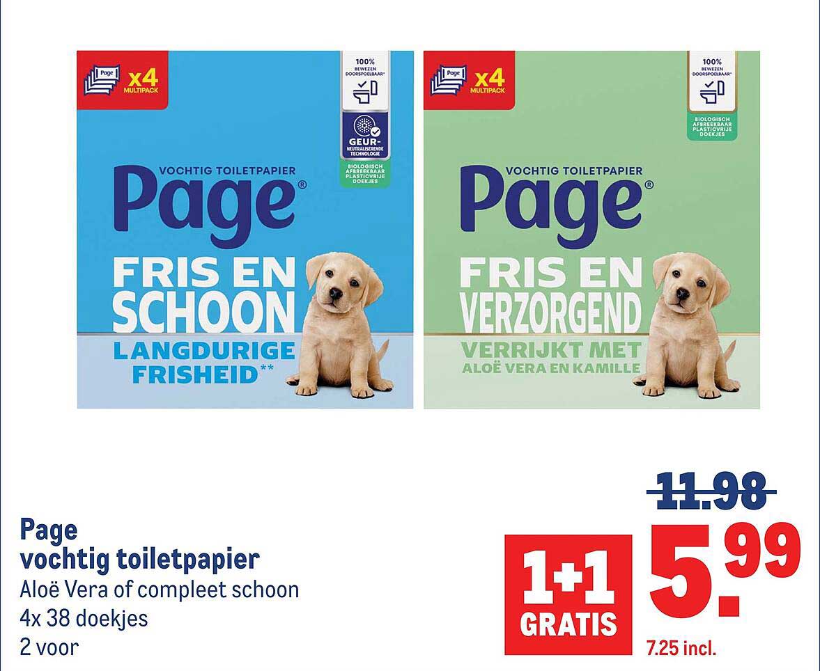 Page vochtig toiletpapier Aloë Vera of compleet schoon 4x 38 doekjes 2 voor 1+1 GRATIS