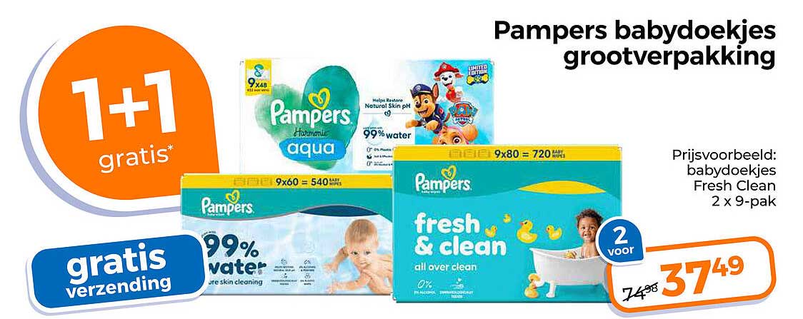 Pampers babdoekjes grootverpakking 1+1 gratis