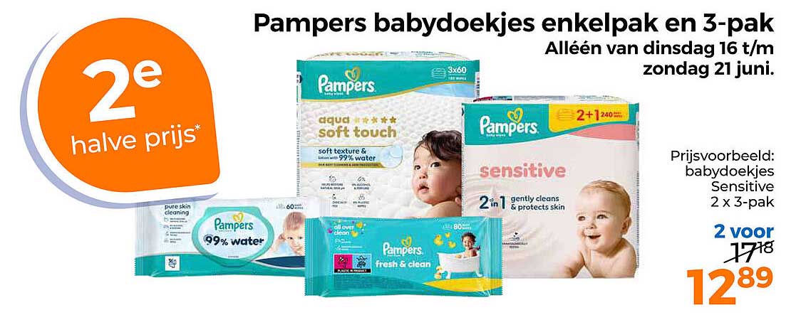 Pampers babydoekjes enkelpak en 3-pak 2e halve prijs