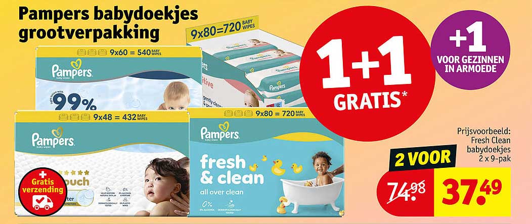 Pampers babydoekjes grootverpakking 1+1 GRATIS*