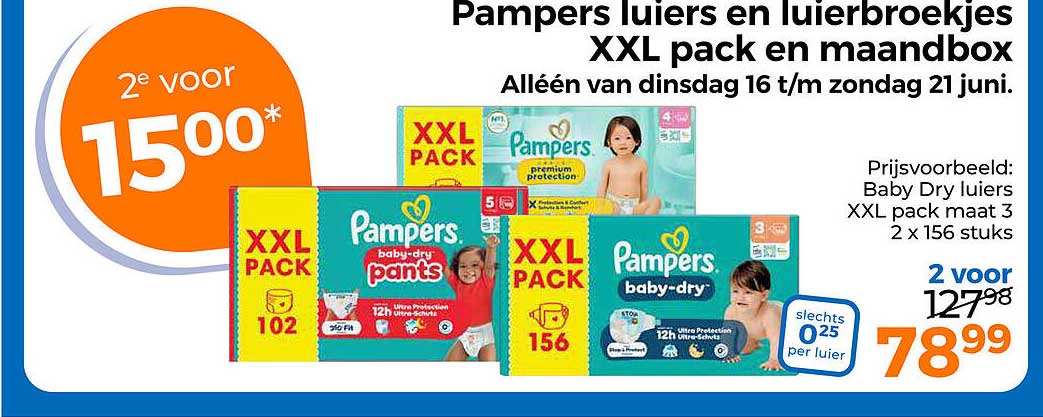 Pampers luiers en luierbroekjes XXL pack en maandbox 2e voor 15,00*
