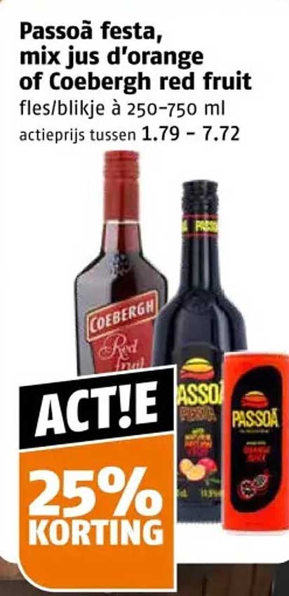 Passoã festa, mix jus d'orange of Coebergh red fruit fles/blikje à 250–750 ml 25% KORTING