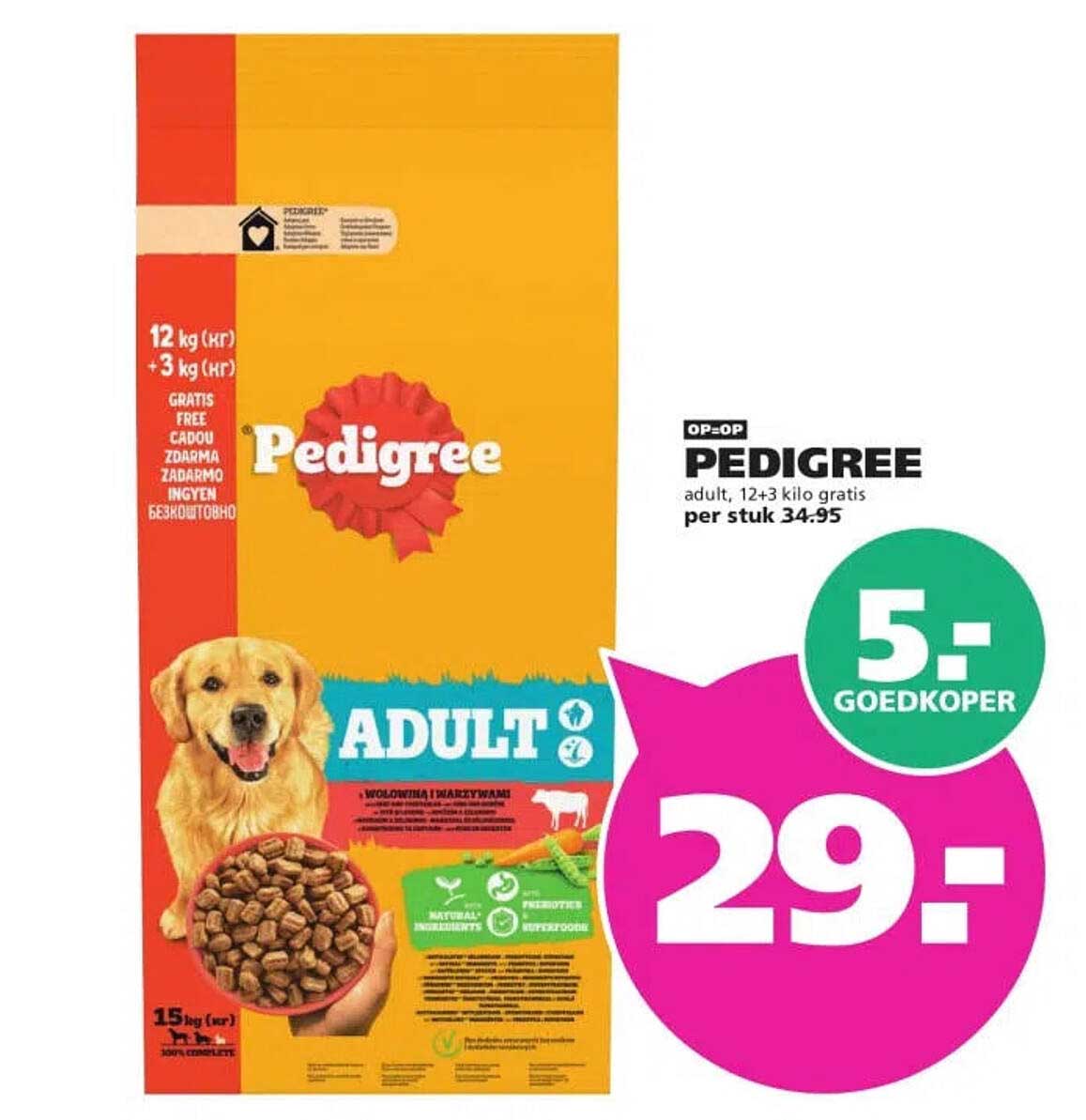 PEDIGREE adult, 12+3 kilo gratis 5,- goedkoper