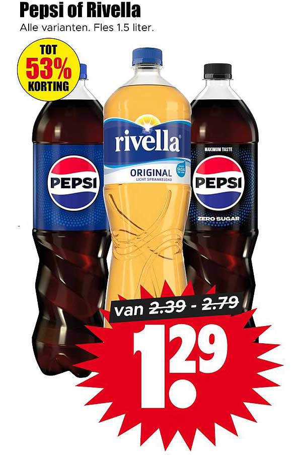 Pepsi of Rivella Alle varianten. Fles 1.5 liter. TOT 53% KORTING