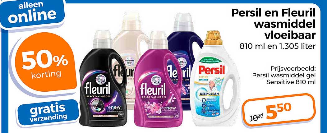 Persil en Fleuril wasmiddel vloeibaar 50% korting