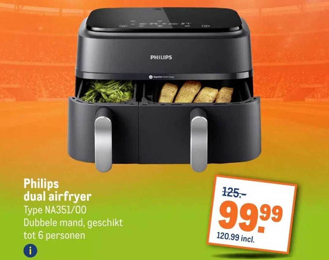 Philips dual airfryer Type NA351/00 Dubbele mand, geschikt tot 6 personen