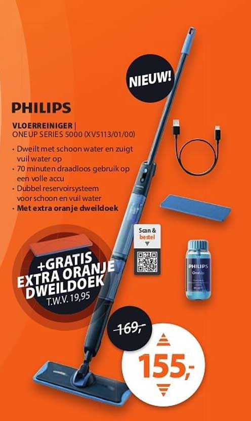PHILIPS VLOERREINIGER ONEUP SERIES 5000 (XV5113/01/00) + GRATIS EXTRA ORANJE DWEILDOEK T.W.V. 19,95