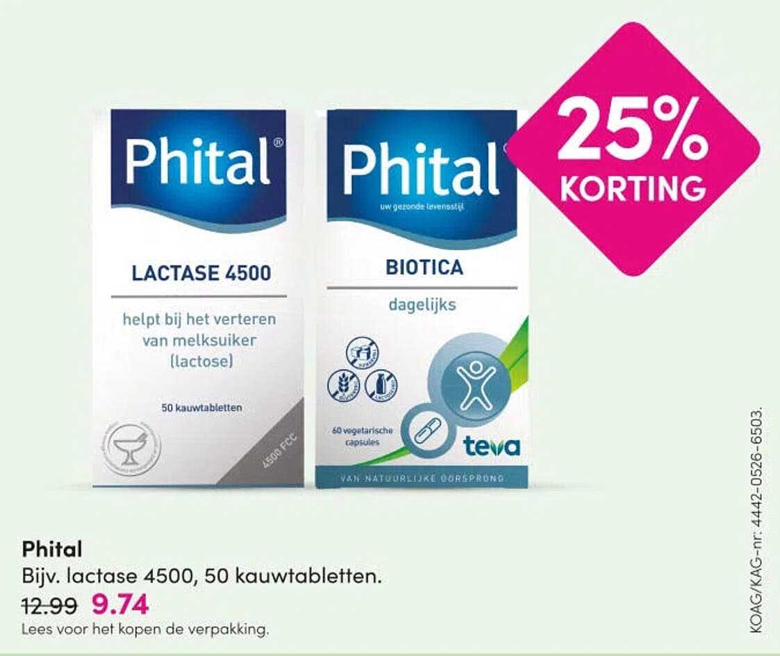 Phital Bijv. lactase 4500, 50 kauwtabletten. 25% KORTING