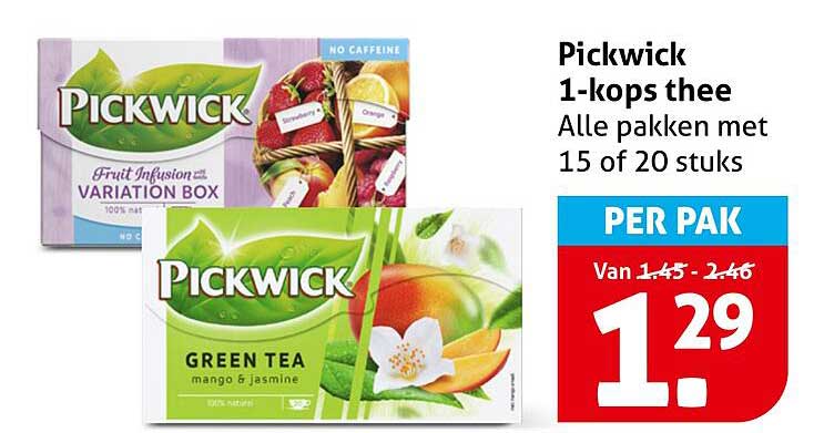 Pickwick 1-kops thee Alle pakken met 15 of 20 stuks